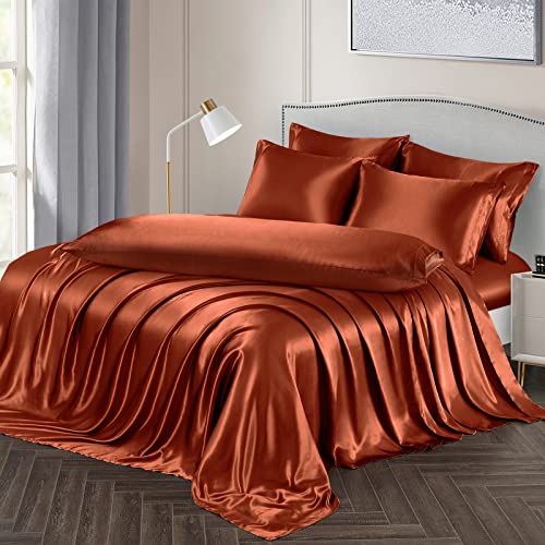 Image of Ersmak 7 Pieces Satin Sheets Set Queen Size, Luxury Silky Rust Orange Satin Bed Sheets Set with 1 Deep Pocket Fitted Sheet, 1 Soft Flat Sheet, 4 Queen Pillowcases and 1 Body Pillowcase