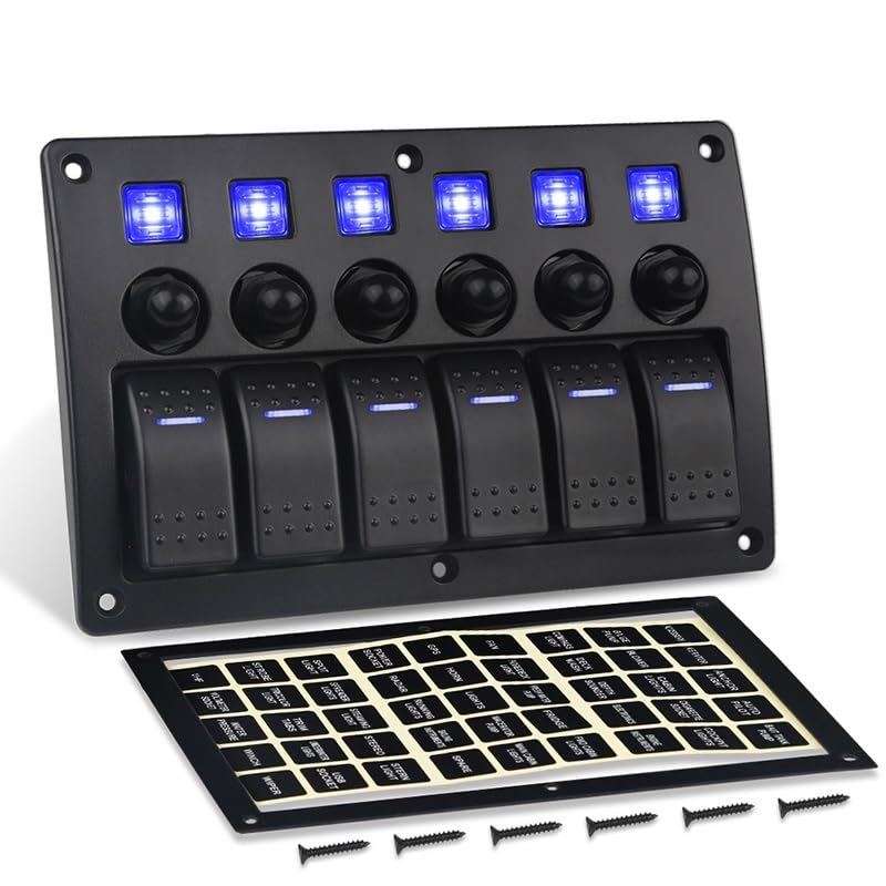 6 Buttons Switch Panel 12V 24V Light Toggle Switches with Sticker Car Accessories for Marine Boat Caravan Trailer Truck(Blue)