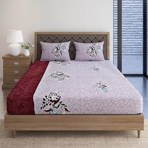 Image of Swayam Veda Collection Superior Comfort Pure Cotton 160TC Floral Print King Bedsheet with 2 Pillow Covers - Grey