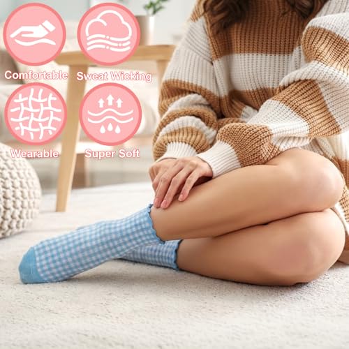 Image of 6 Pairs Women Ruffle Striped Frilly Socks, Cute Checkered Ankle Sock for Women Cotton Knit Casual Crew Socks