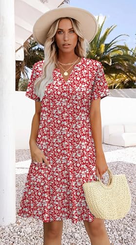 Image of WIHOLL Summer Dresses for Women Casual V Neck Wedding Guest Dress Hawaiian Midi Dress Fashion Beach Vacation Clothes