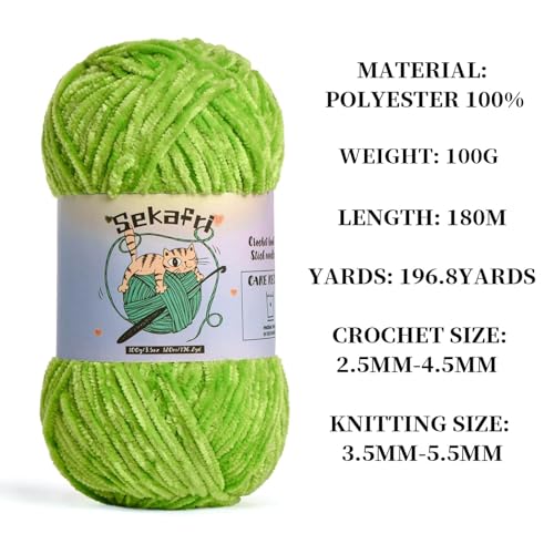 Image of Fuzzy Chenille Yarn for Crocheting, Fluffy Amigurumi Crochet Yarn for DIY Craft /Hat /Shoes, (100g /197yds) Soft Velvet Baby Blanket Yarns(Lime Green)