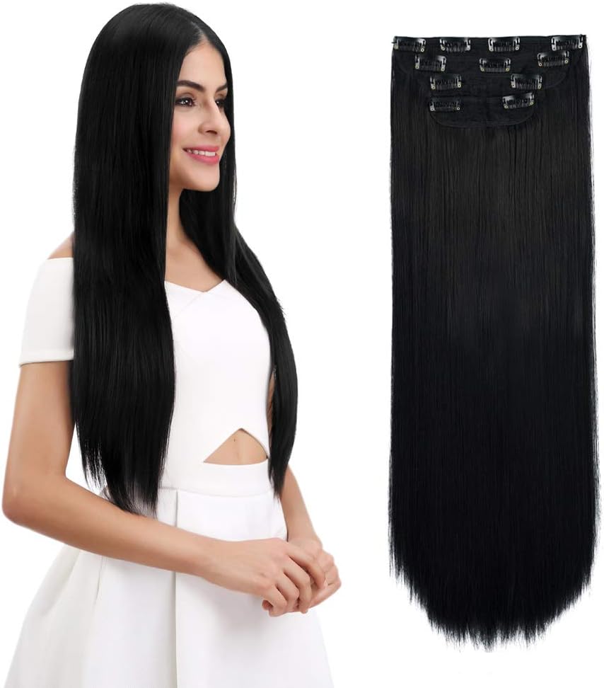REECHO 26" Straight Super Long 4 PCS Set Thick Clip in on Hair Extensions Natural Black