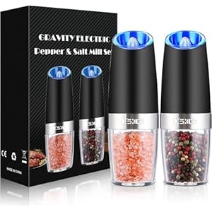 Sweet Alice Gravity Electric Pepper and Salt Grinder Set, Adjustable Coarseness, Battery Powered with LED Light, One Hand Automatic Operation, Stainless Steel Black, 2 Pack