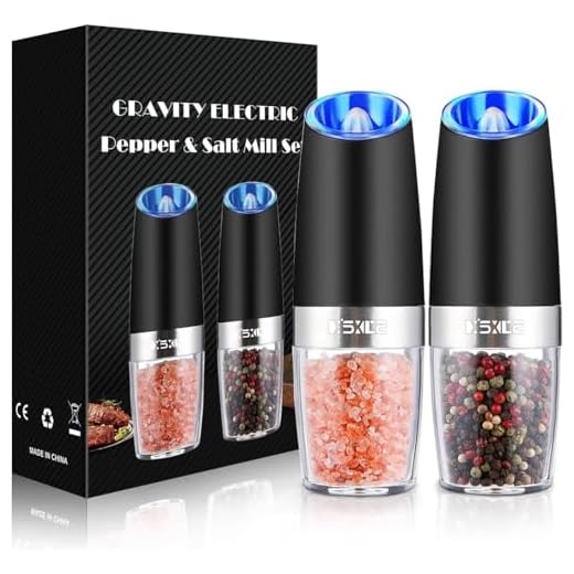 Gravity Electric Pepper and Salt Grinder Set, Adjustable Coarseness, Battery Powered with LED Light, One Hand Automatic Operation, Stainless Steel Black, 2 Pack