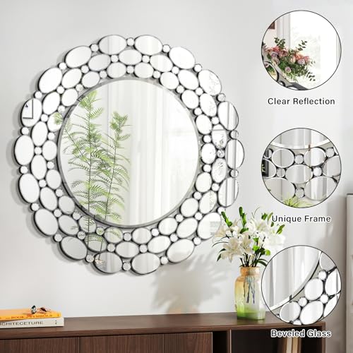 Image of 35 inch Large Round Wall Mirrors, Modern Silver Mirror for Wall Decor, Elegant Decorative Mirror for Entryway, Living Room, Bedroom, Bathroom, Dining Room