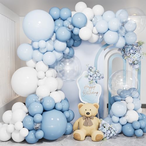 Adeyoo Dusty Baby Blue Balloon Arch Kit Garland - Blue and White Balloon Arch 138Pcs Multi-Size Slate Fog White Clear Latex Balloons for Baby Shower Christening Birthday Gender Reveal Party Decoration
