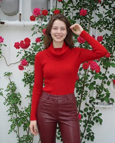 Image of v28 Women's Stretchable Cowl Neck Knit Long Sleeve Slim Fit Bodycon Sexy Sweater