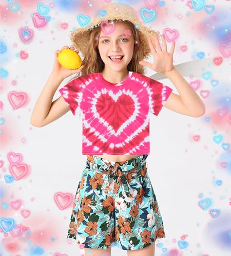 Image of Tkria Girl Crop Tops Valentine Short Sleeve Tshirt Tie Dye Heart Teen Girls Shirt Clothes 6-14 Years