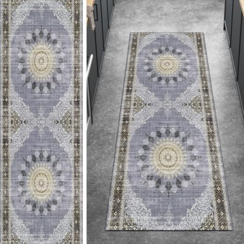 Alfombra de pasillo gris de pelo corto poliéster lavable para pasillo largo 2