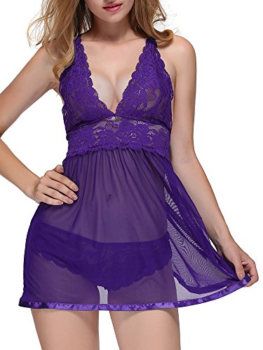 BMAKA Sexy Lingerie for Plus Size Women V-Neck Lace Babydoll Dress Set for Valentine's Day