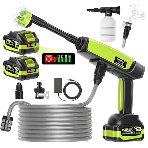 VOERJIA Akku-Hochdruckreiniger 21V (70 Bar) mit LED-Akkustandsanzeige 2X 4 0 Ah Akkus 400 L/h 6-in-1 Düse für Auto Fahrrad Terrasse & Camping Grün