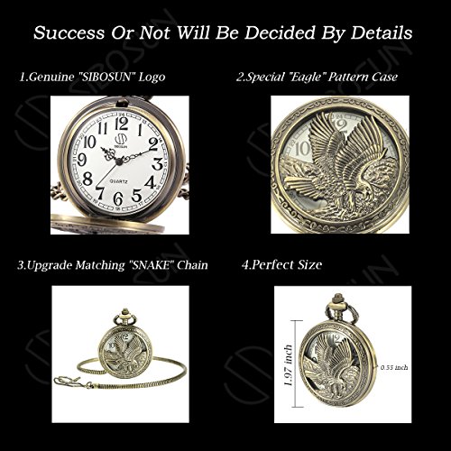 Image of SIBOSUN Eagle Design Pocket Watch with Chain Oversized 50MM 1.96 Inch Quartz Movement Arabic Numerals Half Hunter Cover Analog