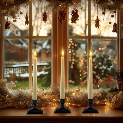 Image of Homemory Wax Window Candles with Remote Timer Dimmer, Battery Operated Candlesticks with Holders, Christmas LED Candlesticks for Window Home Part Decor, 6 Pcs Ivory