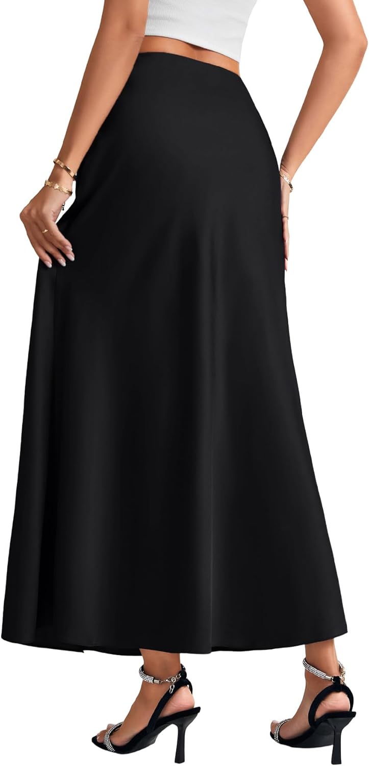 Rooscier Women's Satin High Elastic Waist Bodycon A Line Ruffle Side Zipper Elegant Maxi Skirt - Image 5