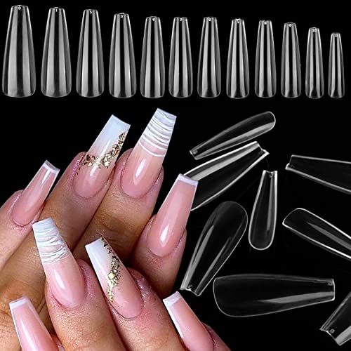 LoveOurHome 600pc Professional Coffin Acrylic Nails Tips Soft Gel Long Ballerina Fake Nails Clear Full Cover Nail Extension False Nails Manicure Decor (Coffin)