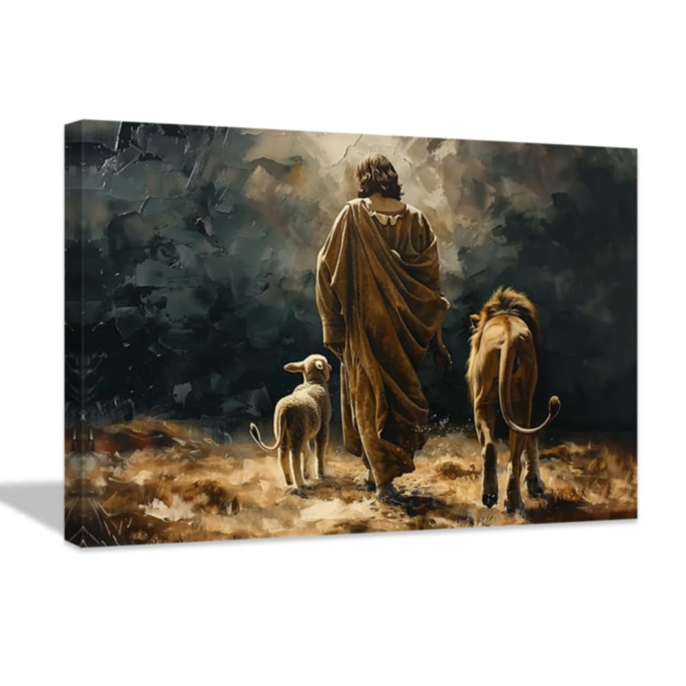 LMYSXAOZ Jesus Canvas Wall Art with the Lost Lamb Painting Vintage Religious Decor Framed Christian Print for Church(Black,16L x 20W)