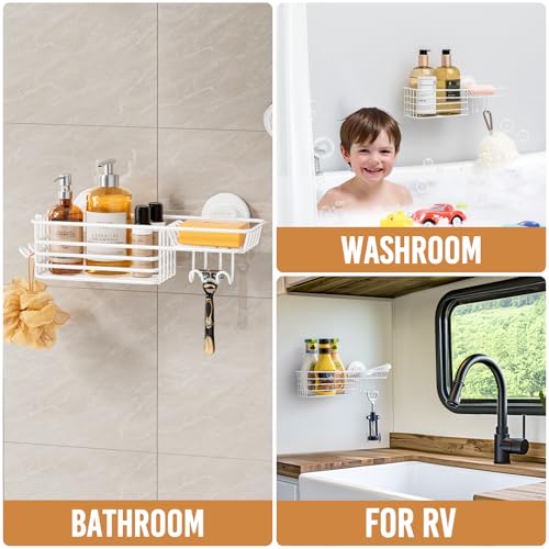 Image of LEVERLOC Shower Caddy Suction Cup, Heavy Duty Bathroom Organizer | Shower Organizer for Inside Shower with Hooks & Soap holder, NO-Drilling Bathroom shelves-White