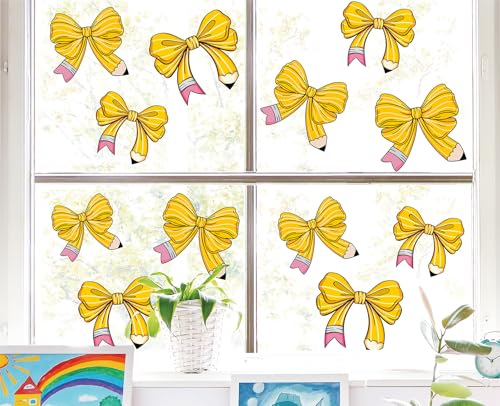 Image of Whaline 9 Sheets Pencil Coquette Bow Window Clings Back to School Pencil Bowknot Reusable Window Decals for First Day of School Home Nursery Classroom Decor