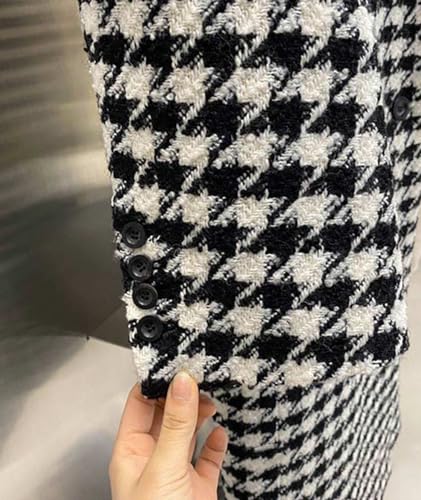 SOMTHRON Women's Houndstooth Trench Coat Notch Lapel Double Breasted Quilted Lined Long Jacket Overcoat Pea Coat4