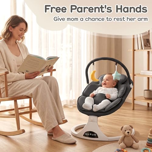 Electric Baby Swing with Remote Control - 5 Natural Motion Speeds, Detachable Seat Pad | Portable Infant Swing for Indoor/Outdoor Use (0-6M, 20lbs) (Black)