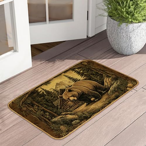 Rustic Bear Cabin Doormat Outdoor Entrance,Retro Forest Front Door Mat