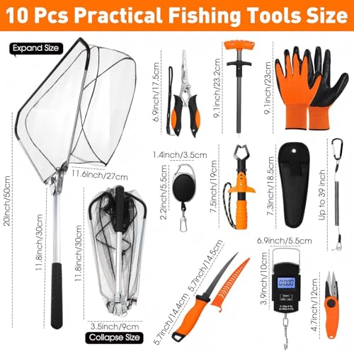 Image of RoundFunny 10 Pcs Fishing Tool Kit, Fishing Pliers with Lanyard and Protective Sheaths, Landing Net, Fillet Knife, Fish Scale, Gripper, Hook Remover, Braid Scissors, Gloves for Men Dad Gift