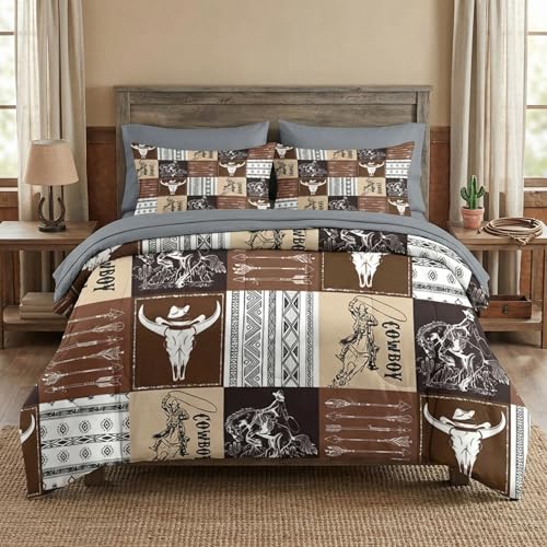WeCozy 7 Pcs Queen Size Comforter Set with 2 Pillowcases & 2 Shams, Cowboy Vintage Brown Bedding for Kids and Adults, Western Bed in a Bag with Flat Fitted Sheet