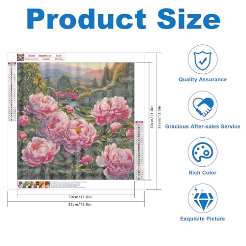 Image of Peony Flower 5D DIY Diamond Painting Kits for Adults, Floral Garden Diamond Art Kits for Beginners, Full Drill Round Dot Painting Gem Art Kits for Home Wall Decor 13.8x13.8 Inch