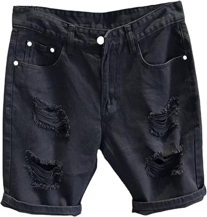 Men's Slim Cut-Off Short Ripped Fashion Denim Shorts Distressed Straight Hole Stretch Casual Jean Shorts