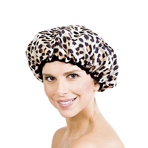 Reusable Nylon Shower Cap & Bath Cap, Reversible Oversized Waterproof Shower Caps Large Designed For All Hair Lengths W Terry Lining & Elastic Band Stretch Hem Hair Hat - Socialite Safari Spots #TOP1