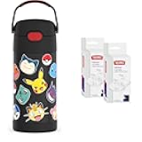 FUNTAINER 12 Ounce Stainless Steel Vacuum Insulated Kids Straw Bottle, Pokemon & FUNtainer 12 Ounce Insulated Kids Water Bottle Replacement Straws, 2 Pack