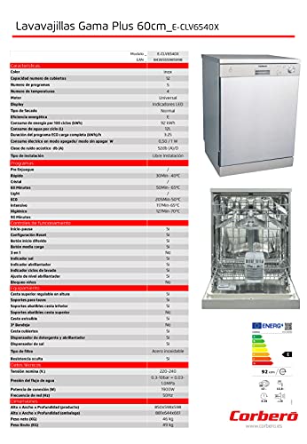 Corbero-E-CLV6540X-Lavavajillas-Gama-Plus-60-cms-12-Cubiertos-5-Programas-con-4-Temperaturas-Indicadores-LED-Cesta-Superior-Regulable-en-Altura-52-Dba-Color-Inox-Clase-Energetica-E
