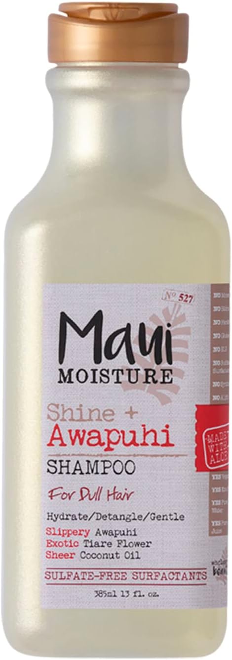 Maui Moisture Shine + Awapuhi Moisturizing Vegan Shampoo with Coconut Oils for Shiny Hair, Silicone-Free & Sulfate-Free Surfactant Aloe Shampoo to Detangle & Hydrate Dull Hair, 13 fl. Oz