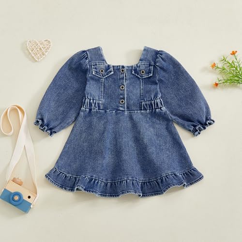 MAINESAKA Toddler Girl Denim Dress Baby Sundress Sleeveless Ruffle Blue Jean Dresses Strape Pleated Layered Cake Summer Dress4