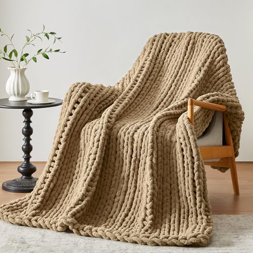 Negwoo Grobstrick-Überwurfdecke, 127,7 x 152,4 cm, Chenille-Garn für Bett, Couch, handgefertigt, hellbraun, gehäkelt, groß, dick… – Ansicht 1