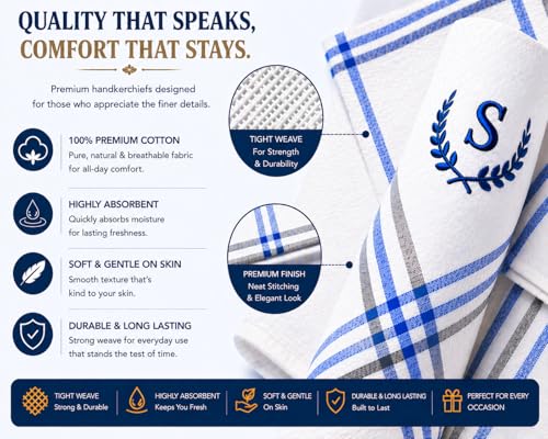 Image of ANTONIA Men's Initial Alphabet Handkerchiefs | Premium Cotton Personalized Hankies with Letter Embroidery (A-Z) | Soft, Absorbent & Reusable | Formal, Wedding & Gift Use | Pack of 6