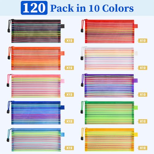 Image of TooyBing 120 Pcs Pencil Pouches Bulk, 10 Color Mesh Zipper Pouch Pencil Case, 9x4.7 inches Small Zipper Bags for Office /School /Home Organization Supplies, Multipurpose Travel Storage Bags