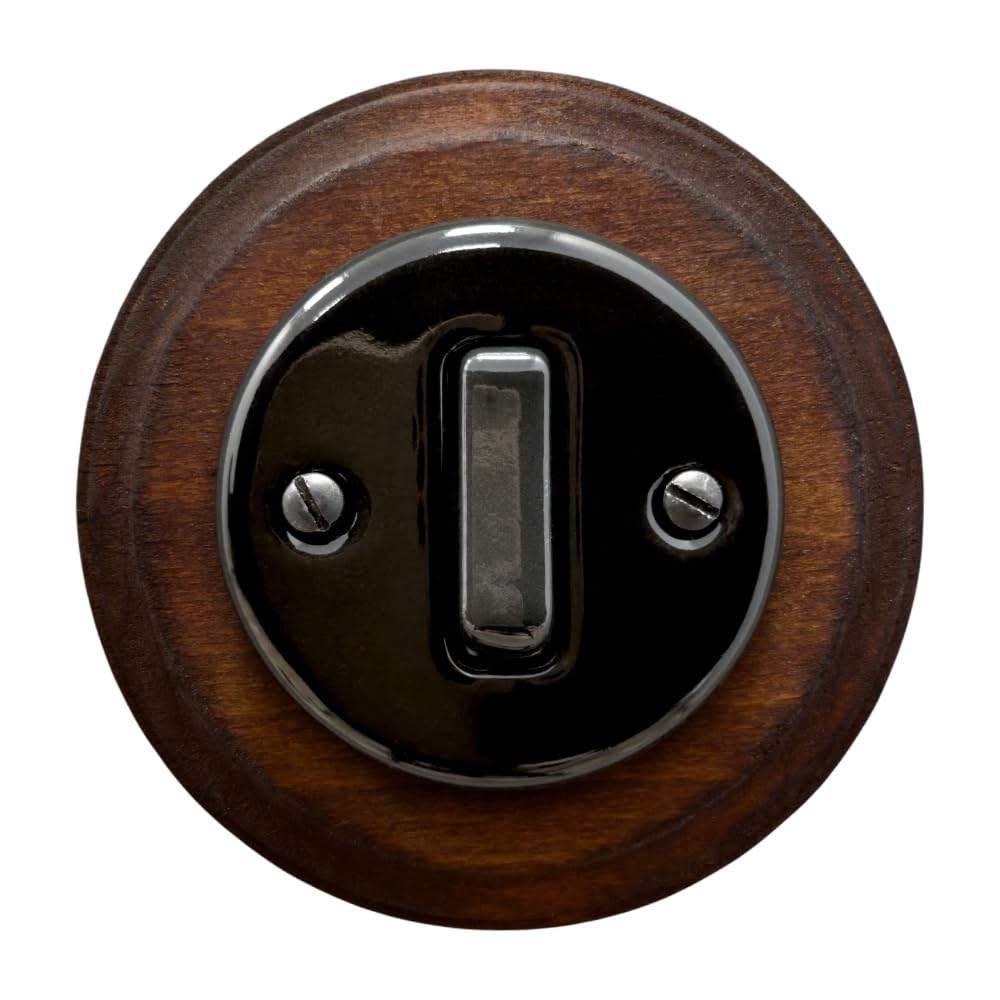 Porcelain Black Rocker Light Switch with Dark Wood Frame– 1-Gang, 2-Way Flush Mounted Ceramic Wall Switch, Vintage Slim Design, CE Certified, Retro Cottage Style