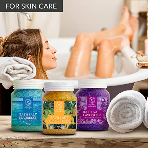 Badesalz Set mit 3x400g Badesalzen - Lavendel - Meeresbrise - Ylang-Ylang - Meersalz mit Natürlichem Ätherischen Öl - Besten für Guten Schlaf - Stressabbau - Körperpflege - Entspannung - Spa