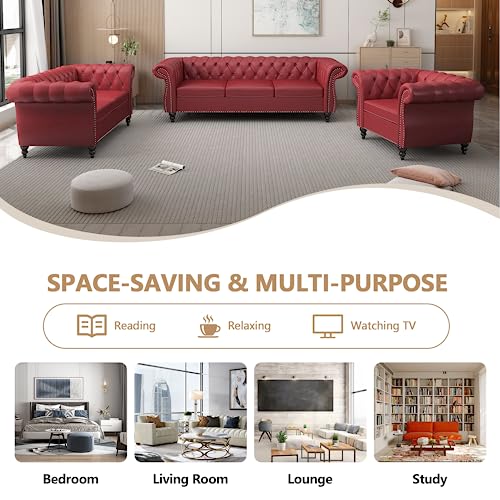 Image of QHITTY Accent Large Sofa, Chesterfield Couch 3 Seater Modern Leather Couch Upholstered Sofa with Tufted Back for Living Room Furniture (Burgundy)