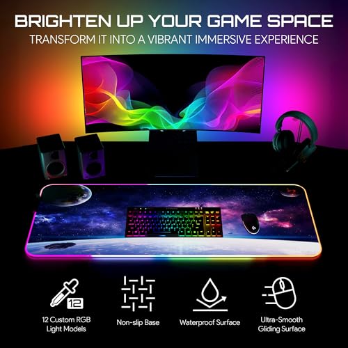 Image of Gerlos RGB Gaming Mouse Pad, Large LED Desk Mat, 31.5 x 11.8 Inch | 12 light modes, non-slip base, water-resistant surface, stitched edges