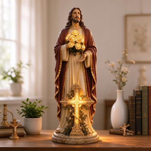 Resin Jesus Statue & USB Rose Led Lights, Religious Figurine Jesus Decor - image 4