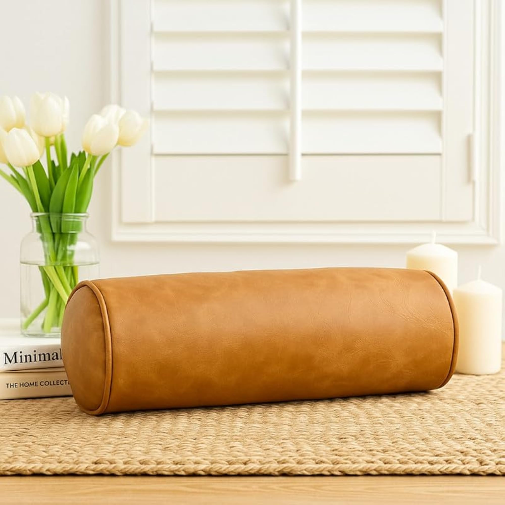 Brown Faux Leather Bolster Cover, Rustic Decor