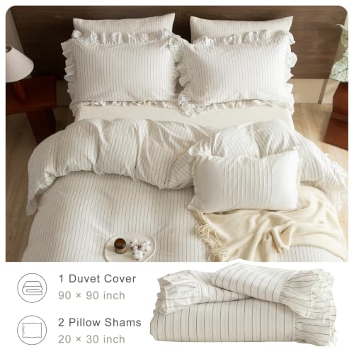 Image of QSH 3PCs Washed Cotton Striped Ruffle Duvet Cover Set Queen Size,White Dark Grey Wide Stripes Ruffled Bedding Quilt Cover Extra Soft Lightweight Farmhouse Chic Comforter Cover Set with Pillow Shams