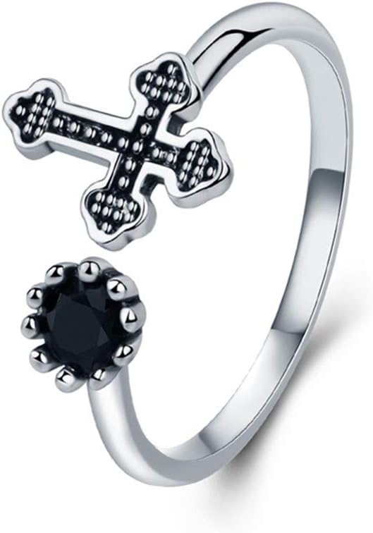 925 Sterling Silver Plated Black Agate Round Charm with Lace Cross Women Adjustable Joint Rings