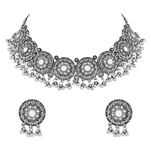 I Jewels Antique Silver Oxidized Ethnic Indian Wedding Bollywood Afghani Choker Necklace Jewellery With Earrings Set for Women (MC140-5OX)