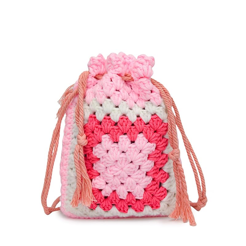 Handmade Crochet Crossbody Bag for Women Woven Shoulder Handbag Purse Drawstring Phone Bag