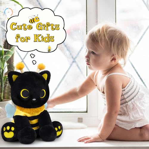 Image of Cat Bee Plush, 8inch Kawaii Black Cat Plush with Honeybee Outfit Costume, Cute Plushies Kitten Stuffed Animal Soft Huggable Plushies Toy for Kids Christmas, Birthday Gifts