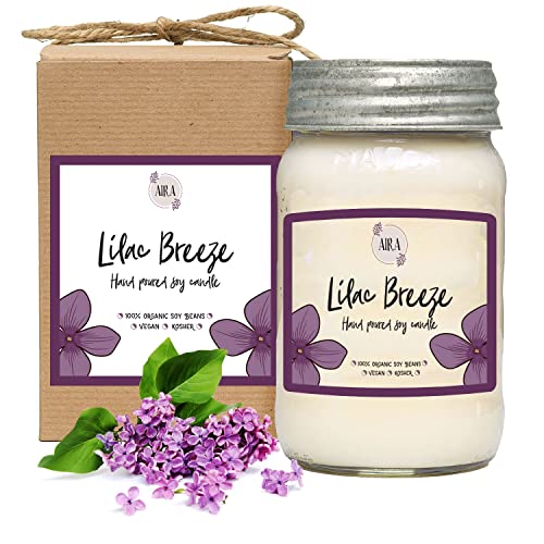 Aira Soy Candles - Organic, Kosher, Vegan, In Mason Jar W/Therapeutic Grade Essential Oils - Hand-Poured 100% Soy Candle Wax - Paraffin Free Burns 110+ Hours - Spring Candle Lilac Breeze - 16 Ounces #TOP8